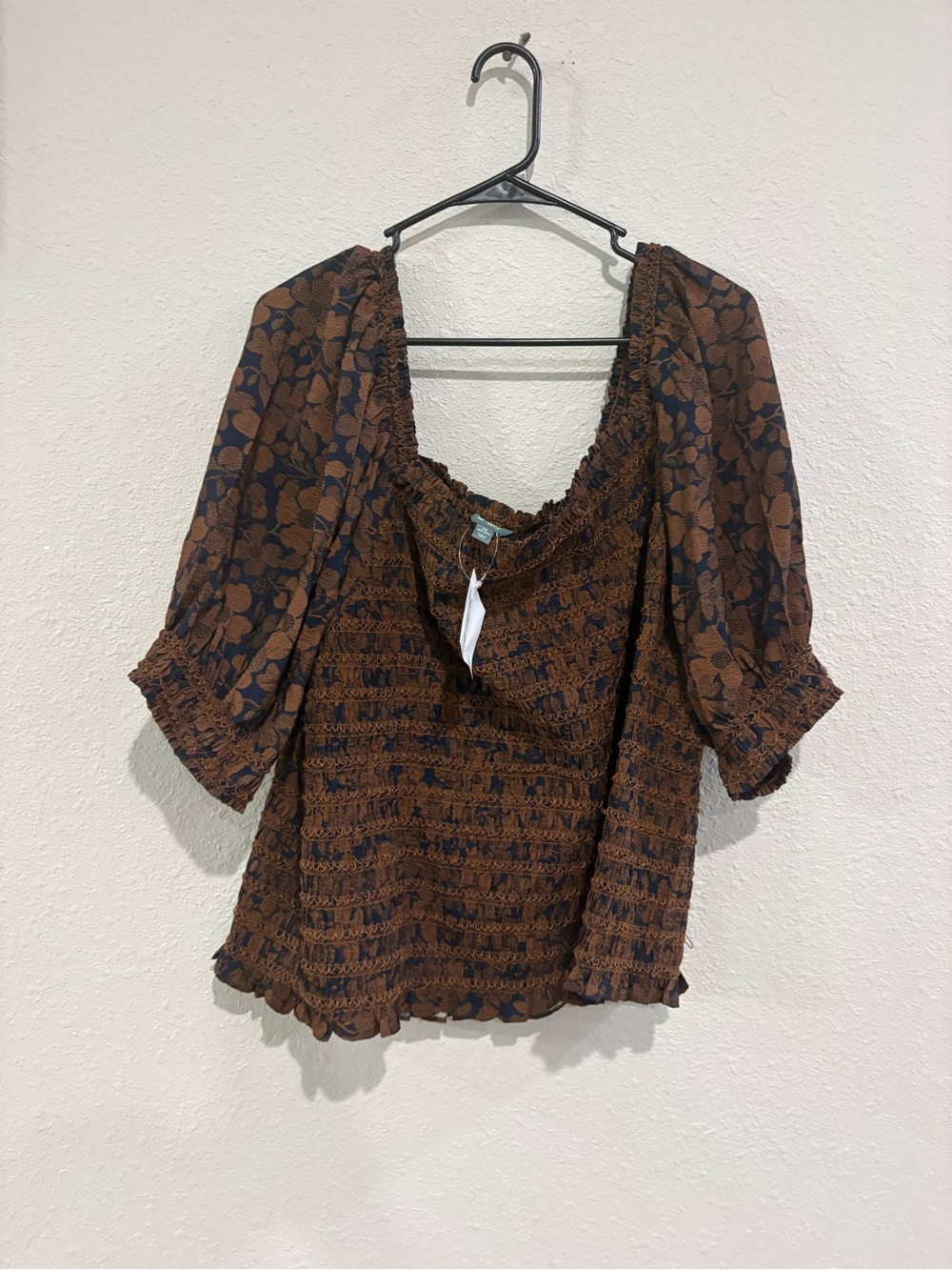 Smocked Floral Peasant Top in Brown 4XL